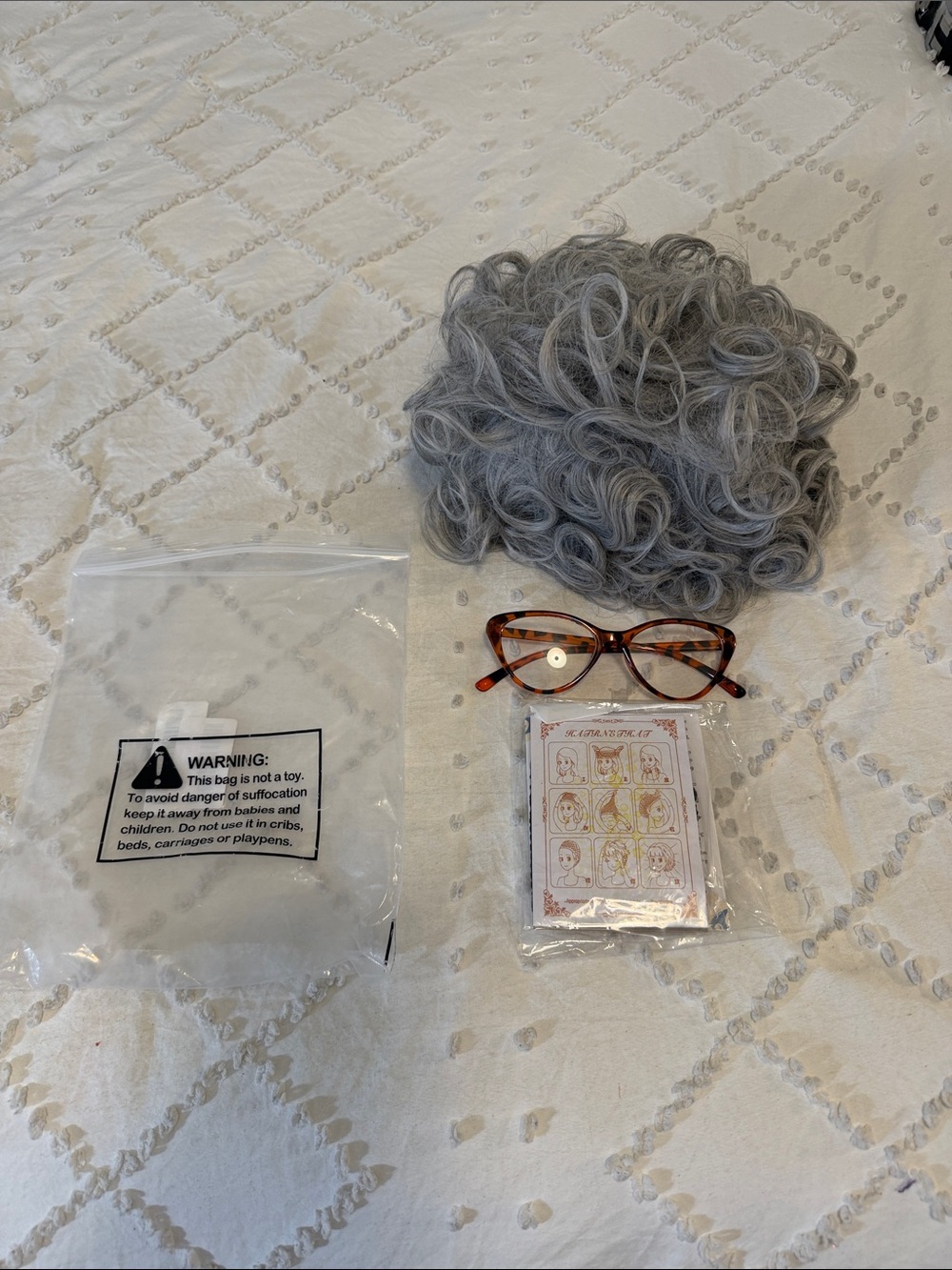 Gray Curly old lady Wig with Brown Tortoiseshell Glasses